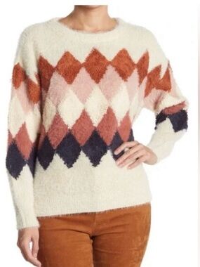 FRNCH Cream Fuzzy Argyle Crewneck Sweater with Rust, Pink & Navy